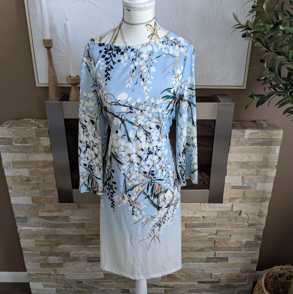 Elegant Long Sleeve Floral Dress in Light Blue